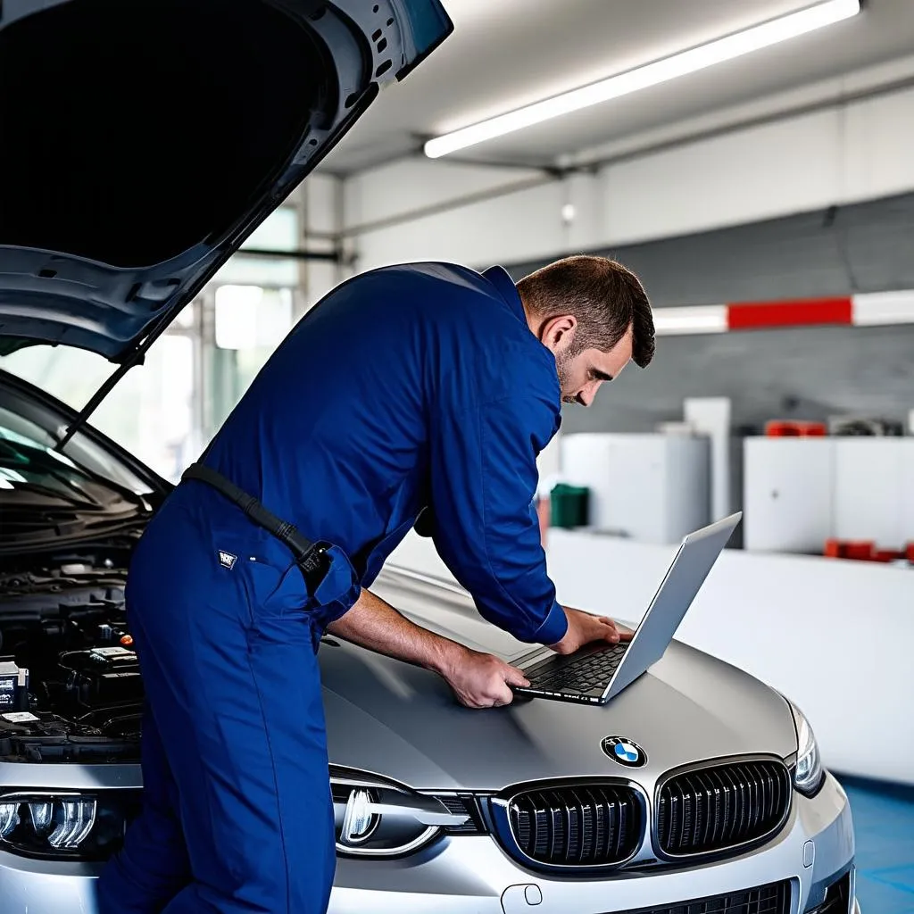 Mechanic diagnosing a BMW